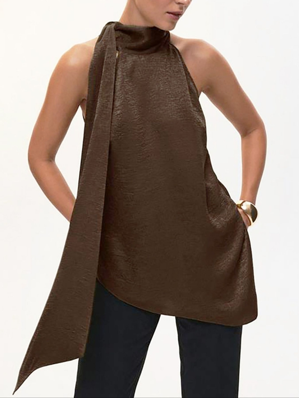 High-Neck Tie Halter Top - Chocolate Brown
